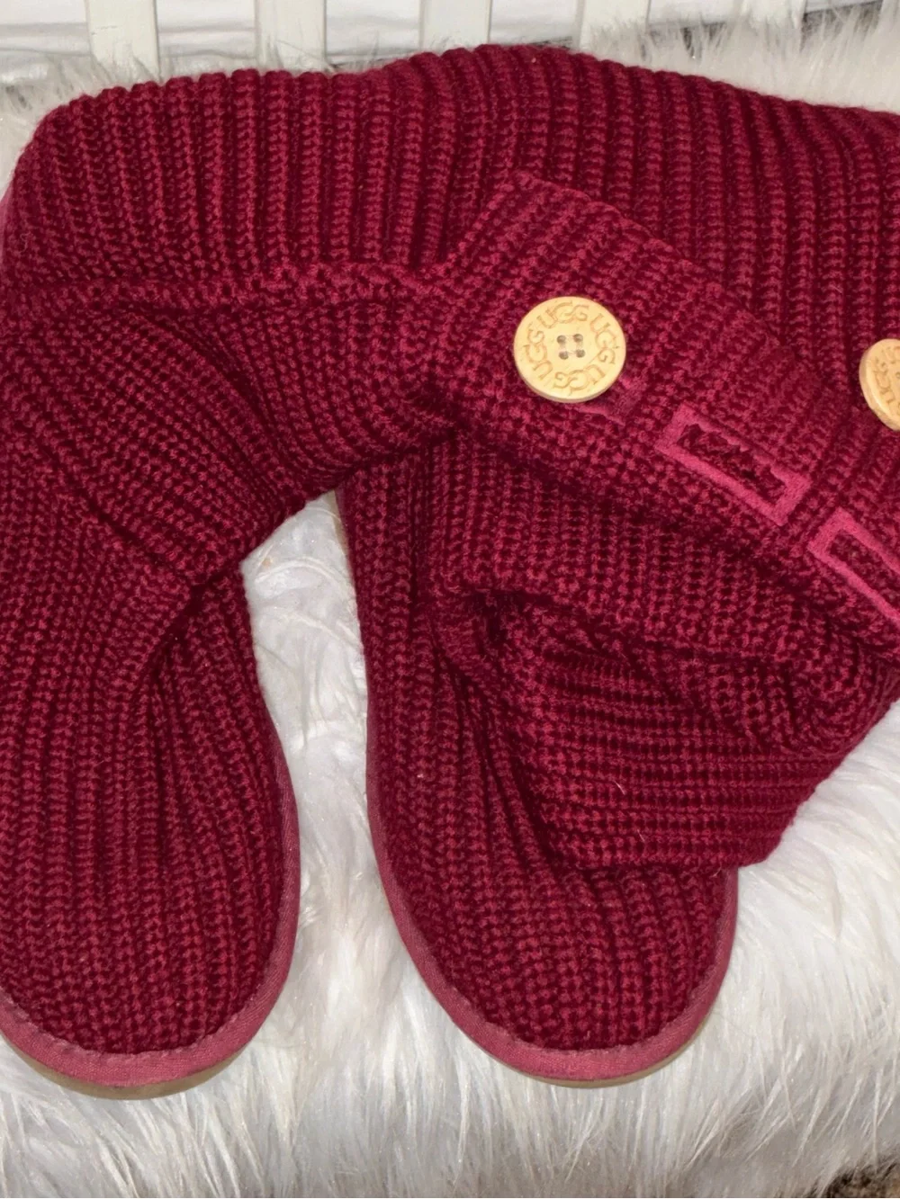 UGG Cardy Knit Boots Womens Burgundy Red Button Tall High Sz 8